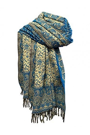 Écharpe dhiver en laine douce et chaude avec imprimé floral et feuilles - Fabriquée à la main - En pure laine de yak, Bleu/b