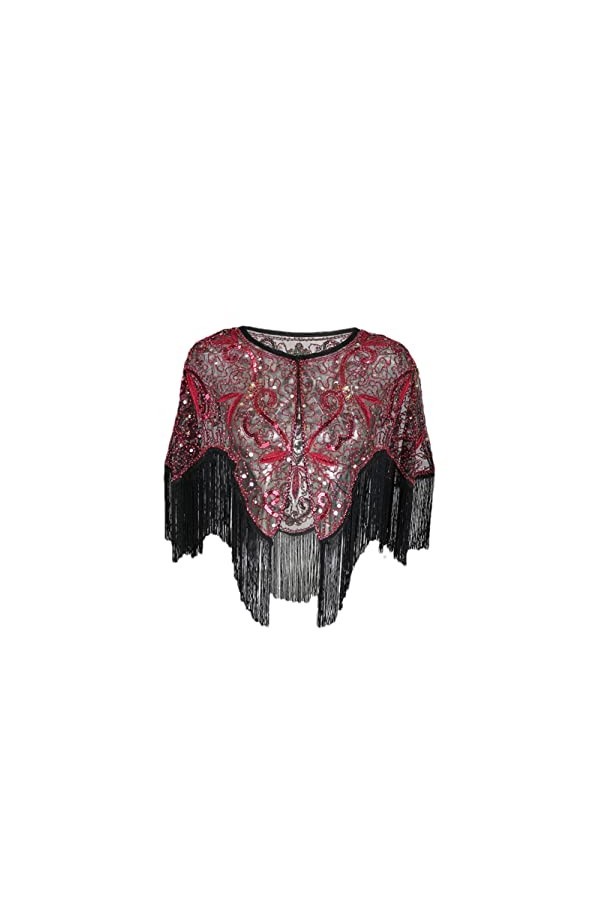 Youllyuu Châle brodé à paillettes style années 1920 avec motif floral abstrait et pompons, noir/rouge, taille unique