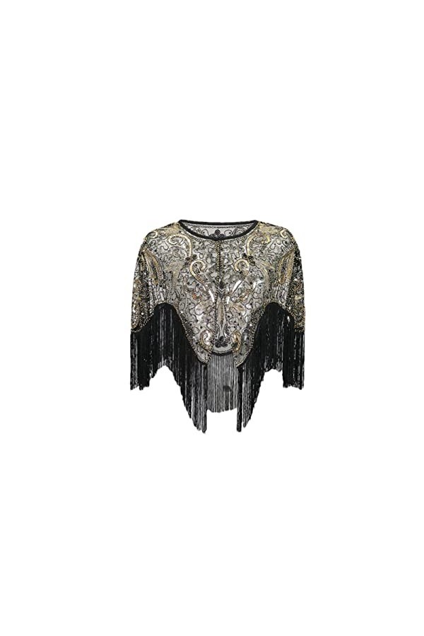 Youllyuu Châle brodé à paillettes style années 1920 avec motif floral abstrait et pompons, noir/rouge, taille unique