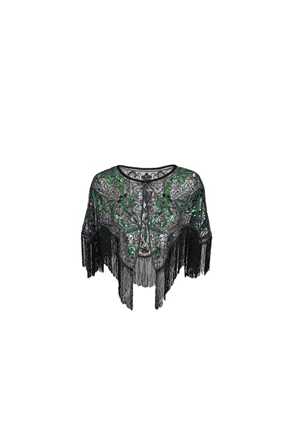 Youllyuu Châle brodé à paillettes style années 1920 avec motif floral abstrait et pompons, noir/rouge, taille unique