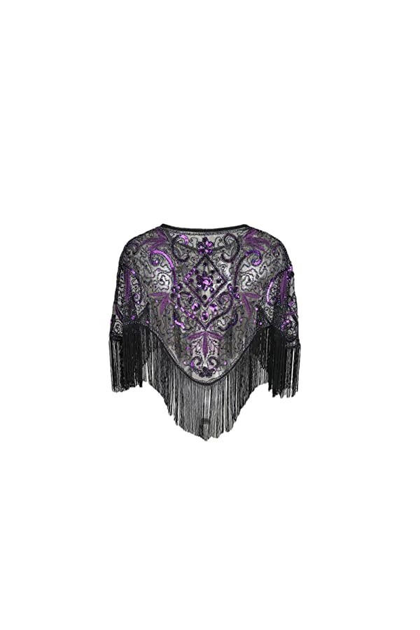 Youllyuu Châle brodé à paillettes style années 1920 avec pampilles florales abstraites pour mariage, noir/argenté, taille uni