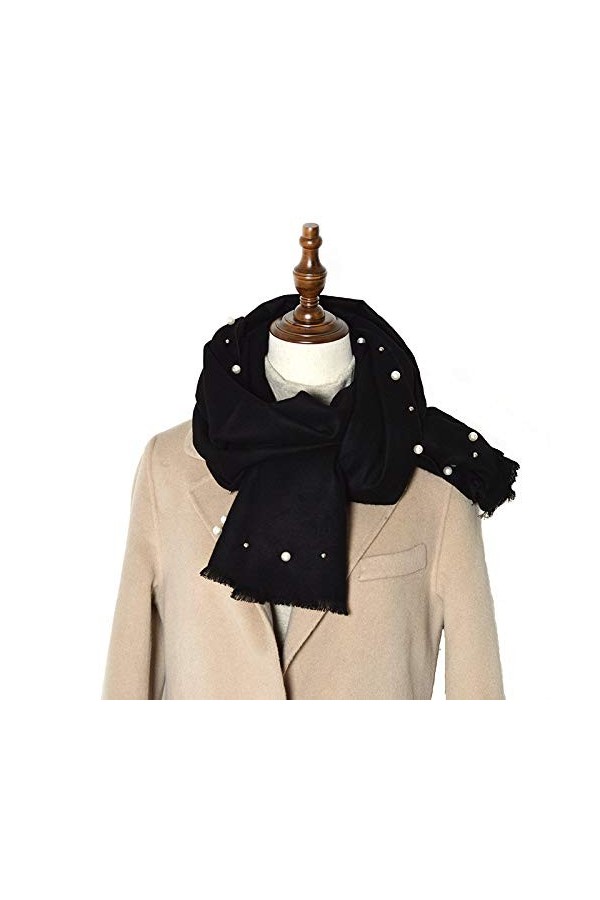 CCBUY Écharpes dhiver pour dames châle, mode hiver doux femmes gland perle écharpe noire en peluche confortable long châle W