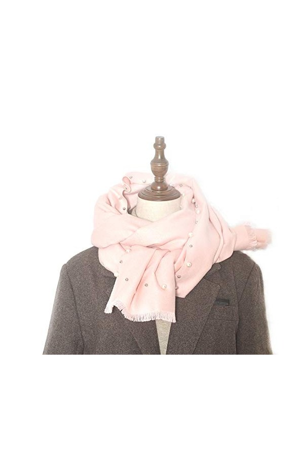 Écharpes dhiver pour dames châle, mode hiver doux femmes gland perle rose écharpe en peluche confortable long châle couvertu