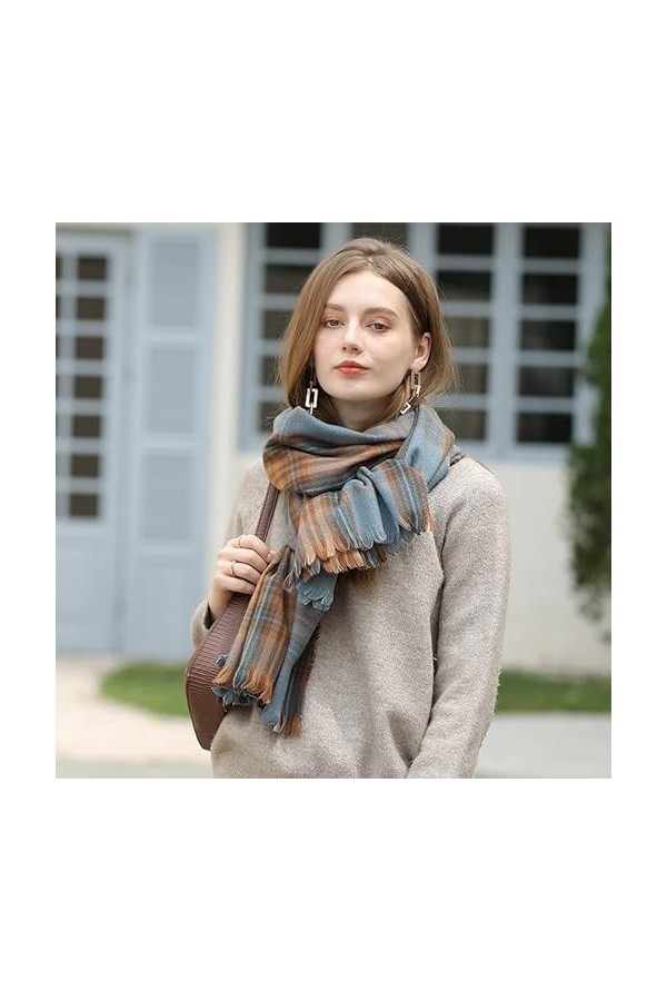 LuisFranklin Foulard Femme Echarpe Soie Cheveux Mode Chaud Épais Bleu Plaid Wrap Longue Écharpe Dames Glands Courts