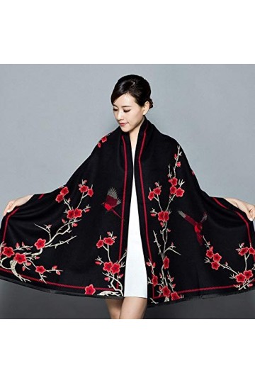 Echarpes femme Écharpes, écharpe femme automne hiver résistant au froid rétro noir fleur de prunier branche fleur oiseau jacq