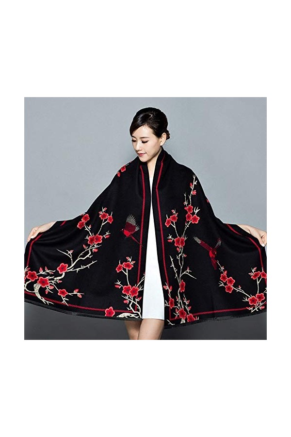Echarpes femme Écharpes, écharpe femme automne hiver résistant au froid rétro noir fleur de prunier branche fleur oiseau jacq