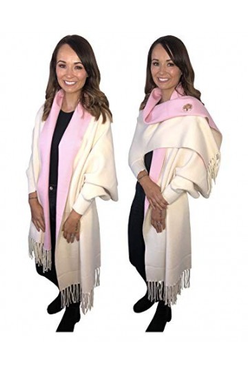 Écharpe réversible bicolore en cachemire avec manches, polyvalente, de haute qualité avec pompon pour femme - Ecru - Taille u