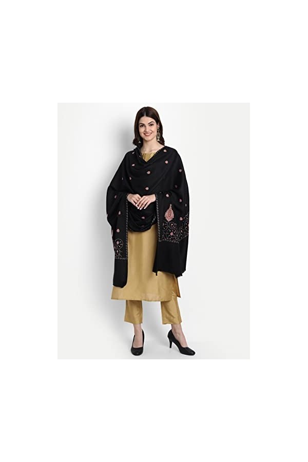 Châle Kashmiri pour femme, style pashmina en papier mâché brodée pour lhiver, noir, Large