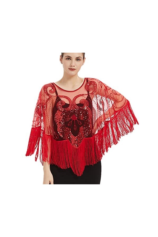 Youllyuu Châle brodé à paillettes style années 1920 avec motif floral abstrait, Noir , taille unique