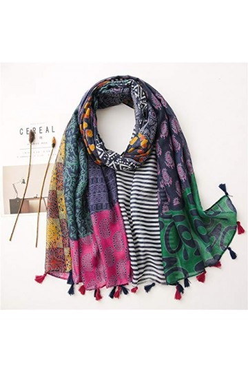 NXYJD Femmes Mode Rayé Ligne Patchwork Viscose Châle Écharpe Lady Imprimer Doux Pashmina Étole Wrap Bandana