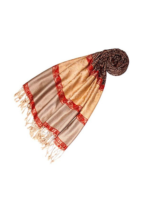 Lorenzo 93336 Cana Pashmina Écharpe jacquard tissée Motif cachemire Camel/marron/rouge 70 x 180 cm