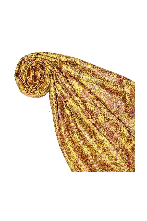 Lorenzo 78638 Cana Écharpe de luxe Pashmina pour femme - Écharpe tissée jacquard - 100 % soie - Motif cachemire - Or et jaune
