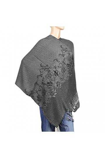 Falari Womens Woven Flower Pashmina Shawl Wrap Scarf 80" x 27" Flower - Grey 