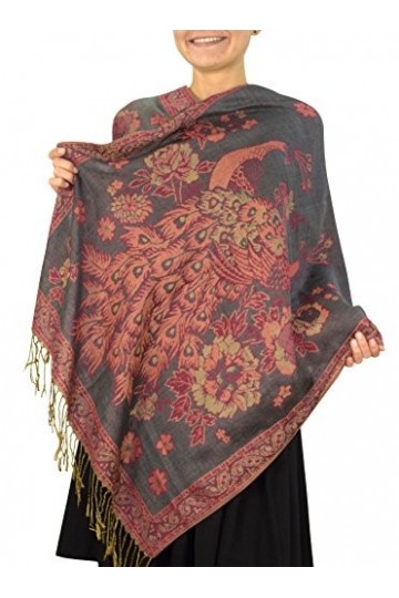 Peach Couture Écharpe châle Pashmina réversible à couches Motif paon floral, gris, taille unique