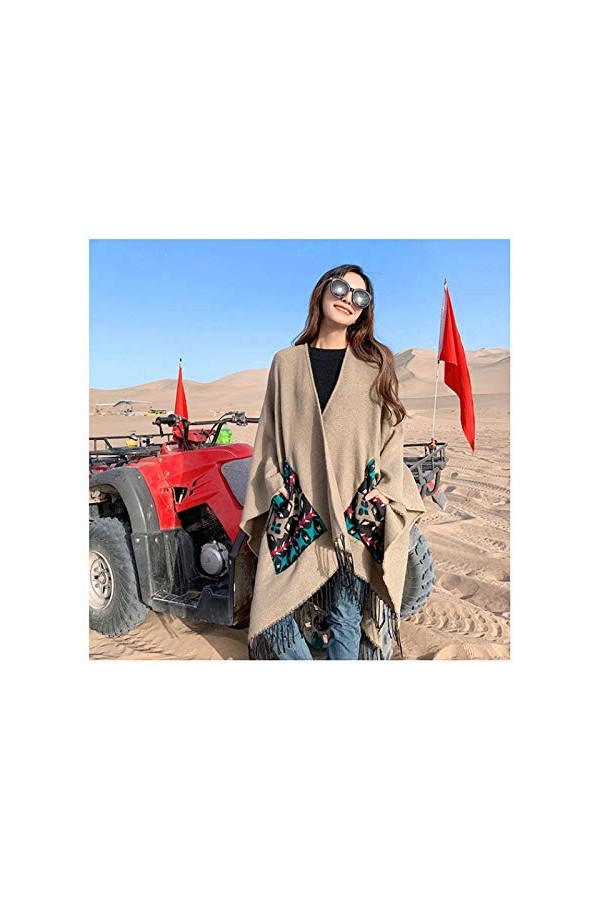 Écharpe à La Mode avec Poche Couverture Chaude Décharpes De Poncho dhiver pour Femmes Châles De Gland,Beige6-150X130cm