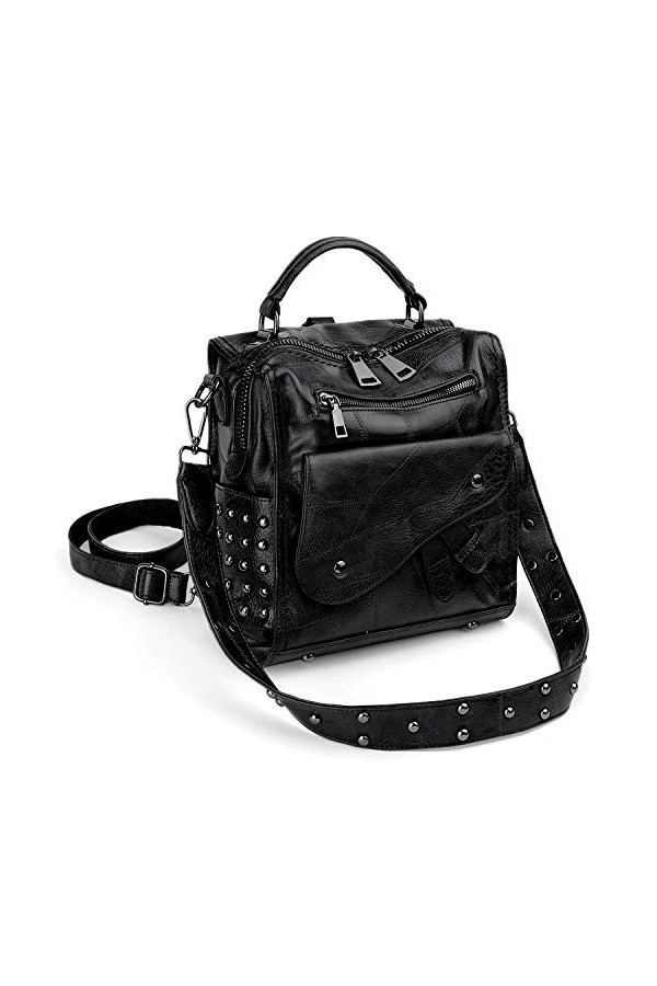 UTO Femme Sac Porte Dos Mini Sac a Main Rock Rivet Studded Cuir Synthétique Convertible Poche à glissière Noir