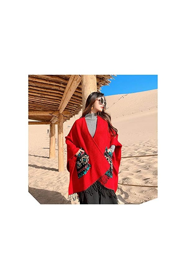 FACAI Écharpe à La Mode avec Poche Châles à Pampilles Couverture Chaude De Foulards Poncho dhiver pour Femmes,Red3-150X130cm