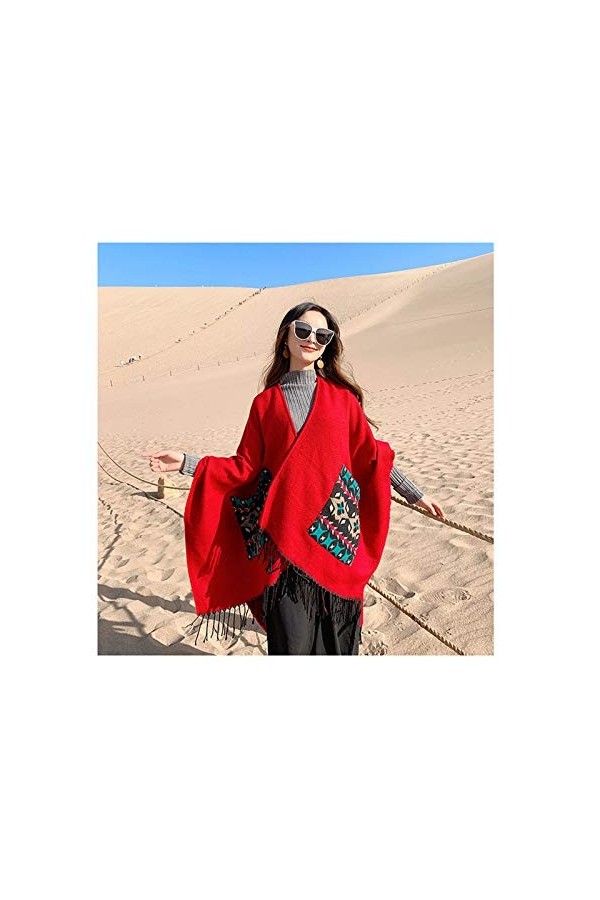 FACAI Écharpe à La Mode avec Poche Châles à Pampilles Couverture Chaude De Foulards Poncho dhiver pour Femmes,Red3-150X130cm