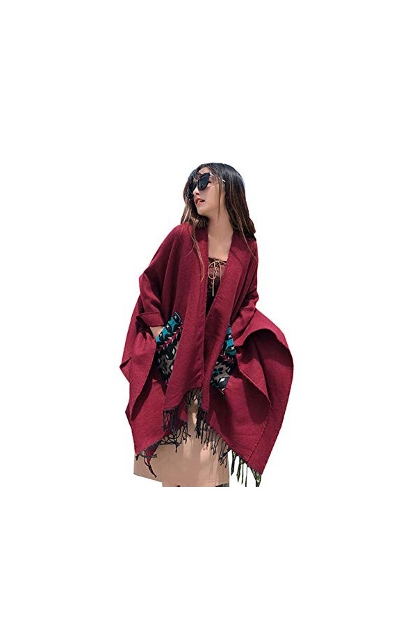 Couverture Chaude Décharpes De Poncho dhiver pour Femmes écharpe à La Mode avec Poche Châles De Gland,Red4-150X130cm
