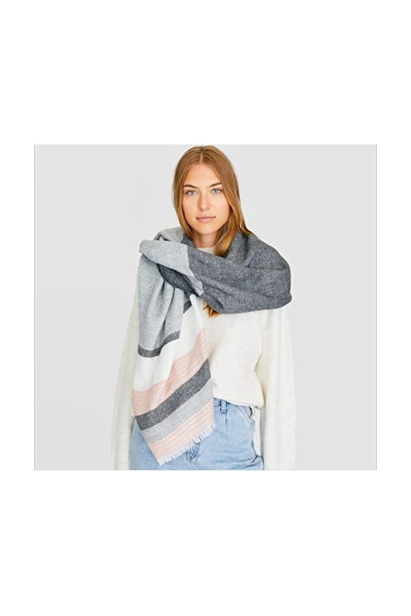 Foulard Femme Cheveux Echarpe Soie Écharpe Douce Dames Rayé Écharpe Châle Wrap Épais Chaud De Base Frange Châle 200X70Cm Gris