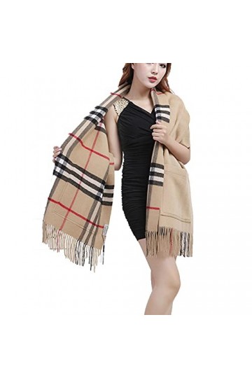 WUJNANG Mesdames Doux Et Chaud Poche écharpe Motif à Carreaux Double Face/Couleur Unie Mode Nouveauté Style Cadeau,A-200X55cm