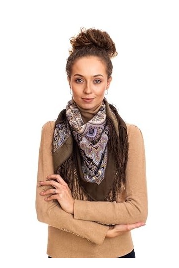 Pavlovo Posad Écharpe russe originale pour femme 100 % laine avec cachemire et fleurs avec franges en soie 89 cm x 89 cm, ver
