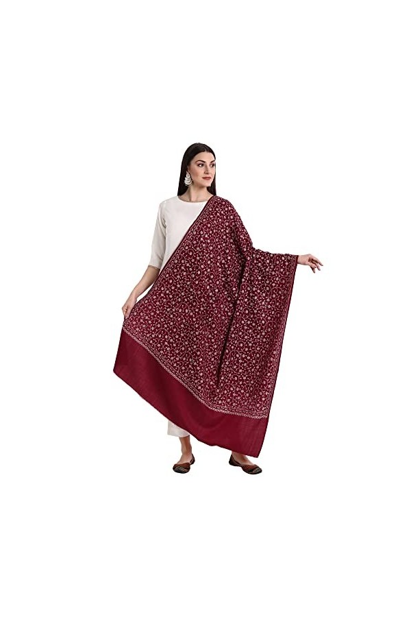 Kashmiri Indian Sozni Écharpe en laine pashmina brodée pour femme, bordeaux, Large