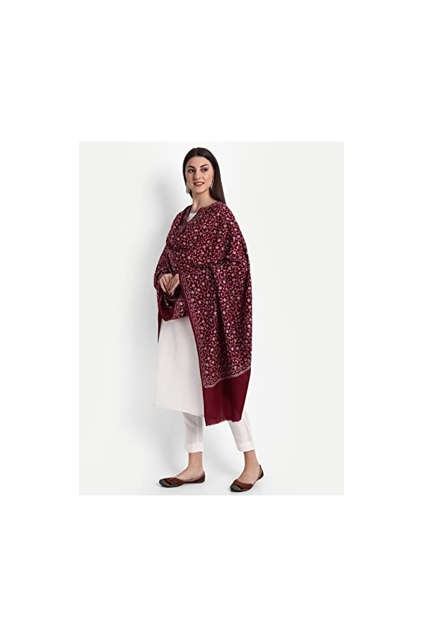 Kashmiri Indian Sozni Écharpe en laine pashmina brodée pour femme, bordeaux, Large