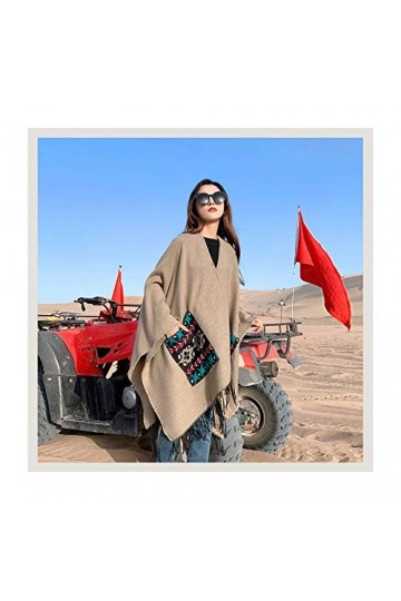 Écharpe à La Mode avec Poche Couverture Chaude Décharpes De Poncho dhiver pour Femmes Châles De Gland,Beige6-150X130cm