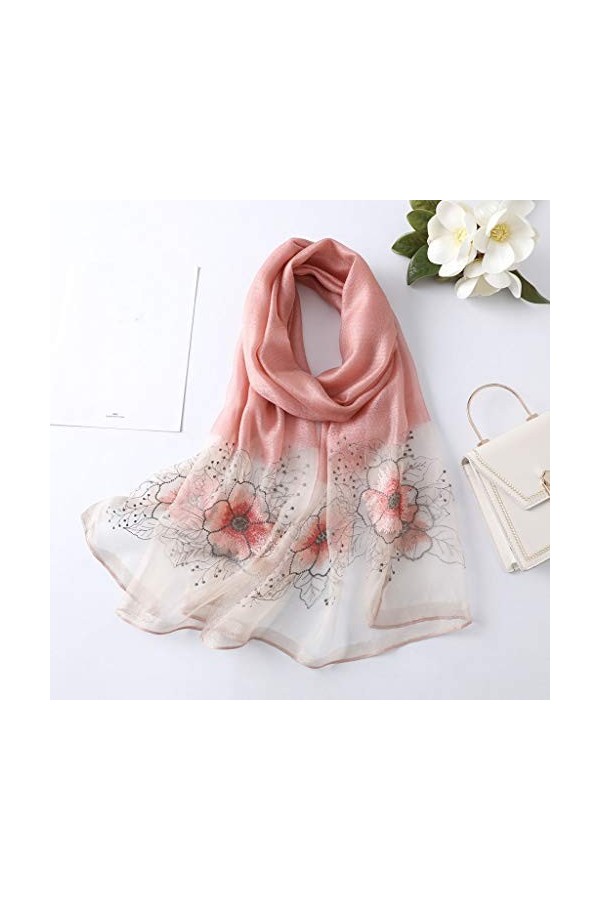 HTKLCZ Printemps Automne Dames écharpe en Soie Broder des écharpes châle et enveloppes Longue écharpe à Fleurs pour Femmes Fo