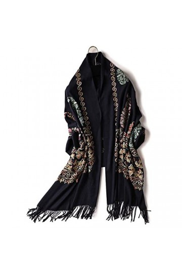 Écharpes dhiver pour femmes - Écharpe dhiver pour femmes Feuille noire Broderie Écharpes Hijab Tassel Fashion Lady Châles W
