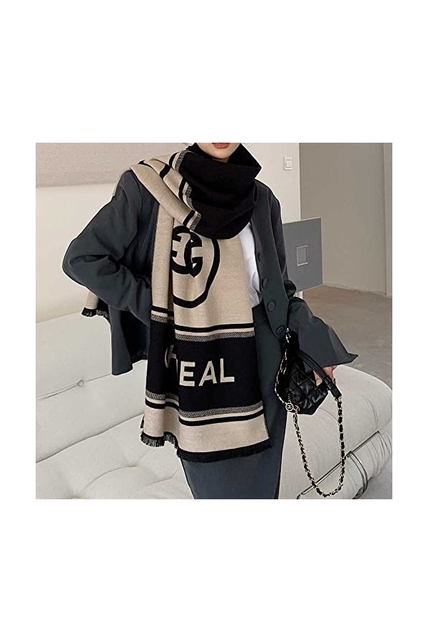 WSPDSD Lettres atmosphériques simples à couleurs bloquées imitation cachemire écharpe col plastron femme allongé épais chaud 