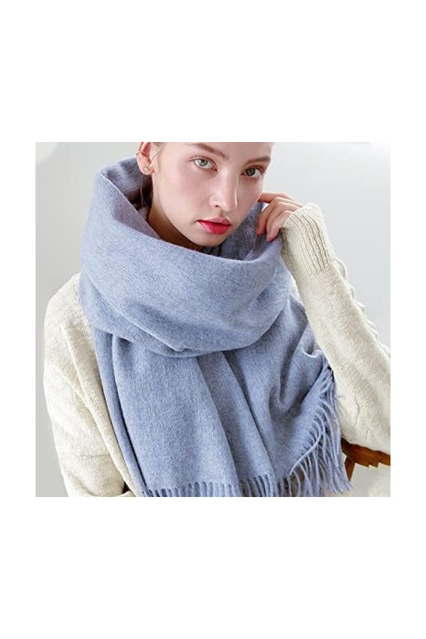 RFEGEF Echarpes Femme,Dames Écharpes Et Châles Bleu Clair Rétro Mode Laine Couleur Unie Épaissir Gland Long Doux Hiver Écharp