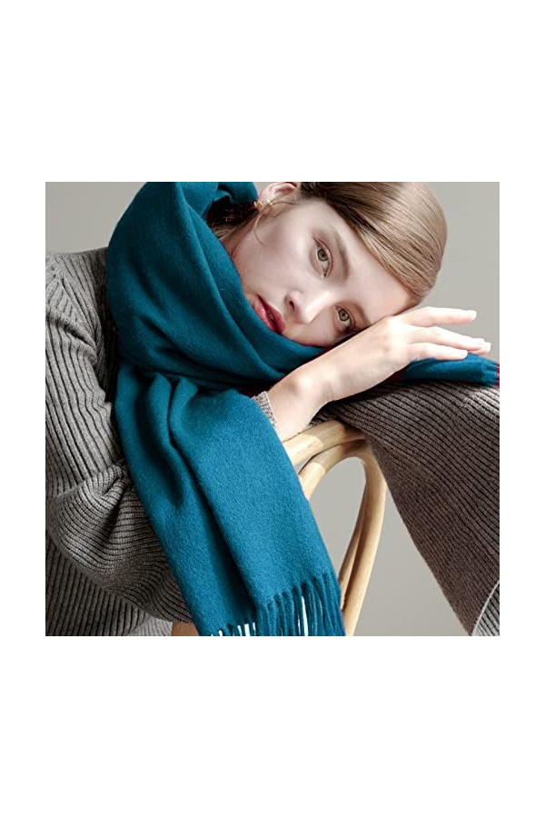 RFEGEF Foulard Femme,Dames Écharpes Et Châles Sarcelle Rétro Mode Laine Couleur Unie Épaissir Gland Long Doux Foulards dhive