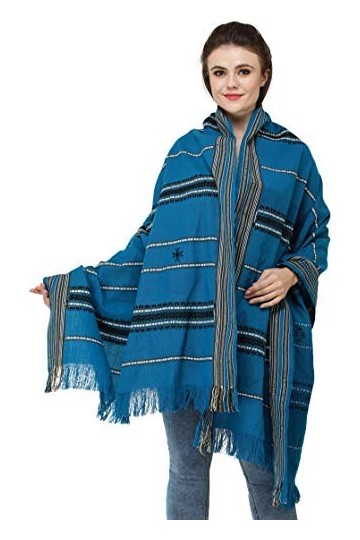 Nagaland Châle indien exotique avec bordure tissée et tissage fils - Bleu - Taille unique