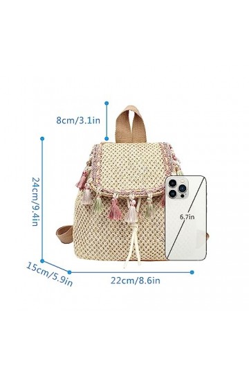 MilyaDE Sac à dos en paille sac de plage fait main sac à dos cordon de serrage bohème sac à bandoulière pour femmes voyages v