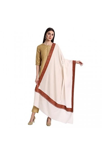 Kashmiri Indian Sozni Écharpe en laine pashmina brodée pour femme, Crème, Large
