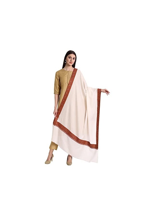 Kashmiri Indian Sozni Écharpe en laine pashmina brodée pour femme, Crème, Large