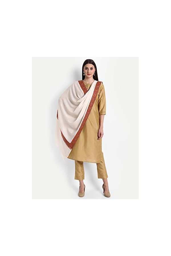 Kashmiri Indian Sozni Écharpe en laine pashmina brodée pour femme, Crème, Large