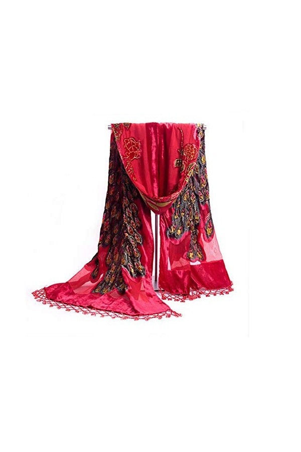 GDYX Écharpe Style Ethnique Bordeaux Châle Brodé 100% Velours Soie Perlé à la Main Châle Pashmina Écharpe Paon Écharpe Taille