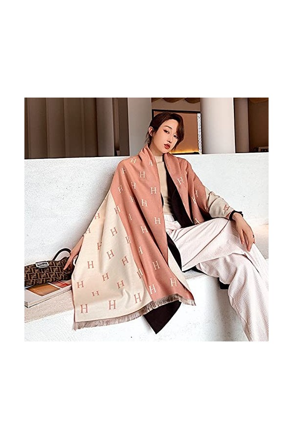 Foulard en Soie Automne et Hiver Chaleur écharpe épaisse Femmes Mode Sauvage Double Face Cachemire écharpe châle-Beige Rose
