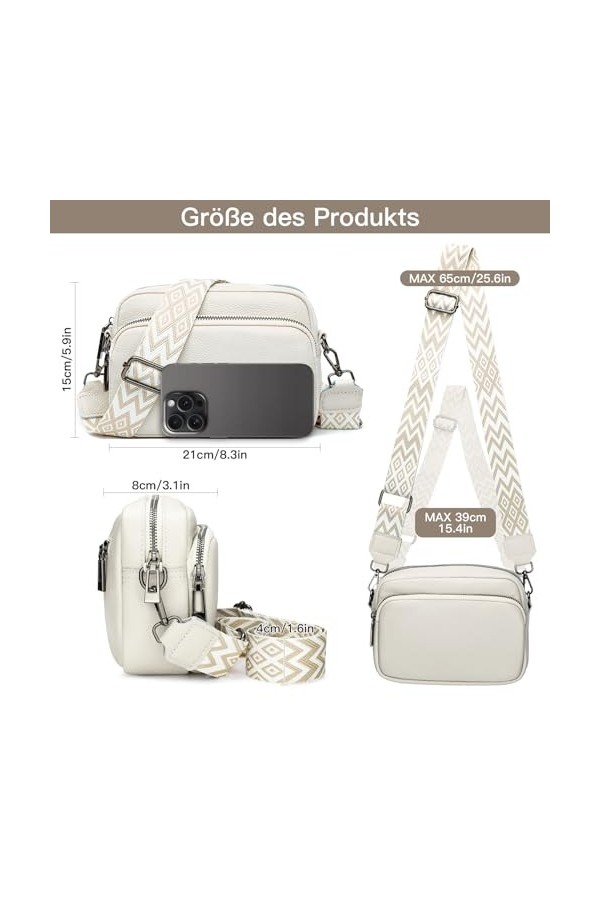 Soleebee Sac à bandoulière pour femme en cuir véritable avec large bandoulière bohème amovible, petit sac moderne avec 3 comp