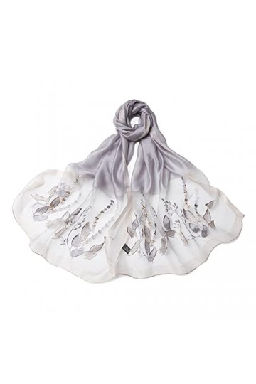 Snhpk Écharpe en Soie Mulberry Châles Foulards Wrap Foulard Brodé Perlé pour Le Banquet De Fête De Noël, 190 * 72Cm,Gris