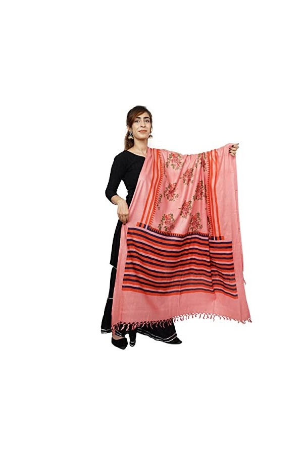 Handicraft Bazarr Étole pashmina pour femme - Longue écharpe de mariée - Imprimé à la main - Coton et soie - Châle floral tra