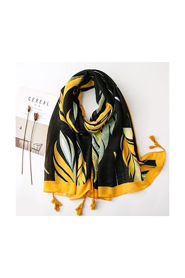 Yalych Femmes Automne Jaune Feuilles Floral Gland Viscose Écharpe Imprimer Pashmina Châle Foulard 180 * 100Cm Décoration de l