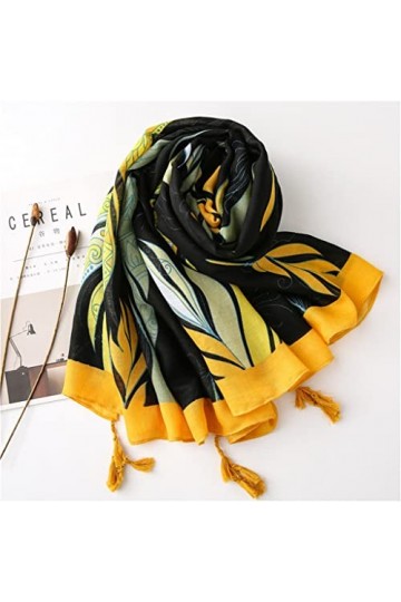 Yalych Femmes Automne Jaune Feuilles Floral Gland Viscose Écharpe Imprimer Pashmina Châle Foulard 180 * 100Cm Décoration de l