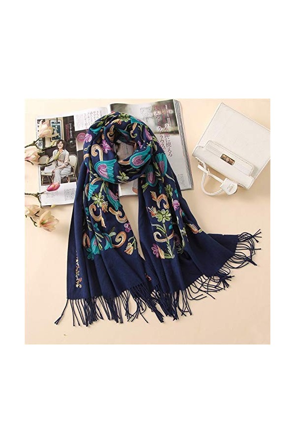Broderie Cachemire Écharpes Vintage Hiver Femmes Écharpe Longue Taille Châles et Wraps Lady Soft Warmer Foulard Couleur : E 