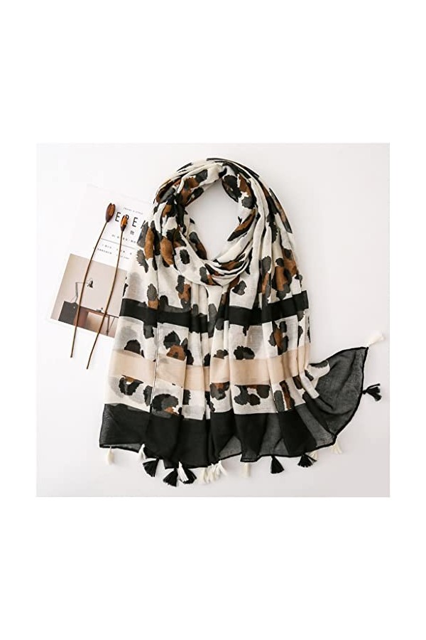 Kigauru Écharpe Rétro léopard rayé Pompon Viscose châle écharpe Femmes Imprimer Doux Pashmina étole Color : A, Size : 180cm*