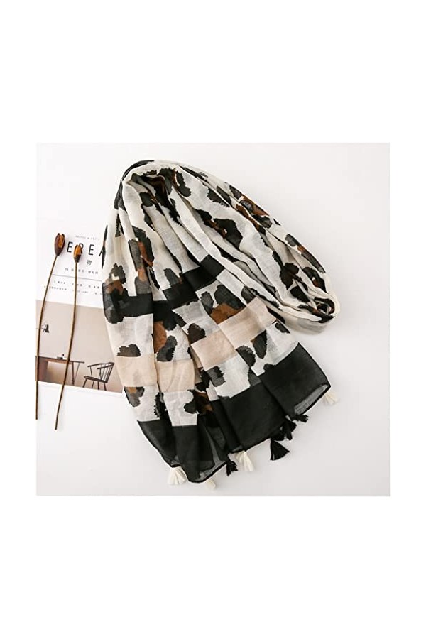 Kigauru Écharpe Rétro léopard rayé Pompon Viscose châle écharpe Femmes Imprimer Doux Pashmina étole Color : A, Size : 180cm*