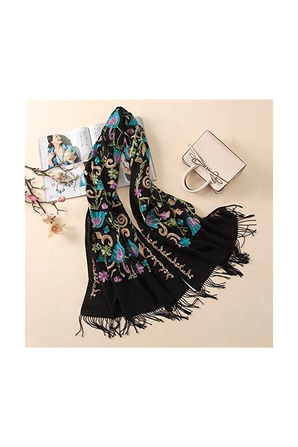 Générique Broderie Cachemire Écharpes Vintage Hiver Femmes Écharpe Longue Taille Châles et Wraps Lady Soft Warmer Foulard Co